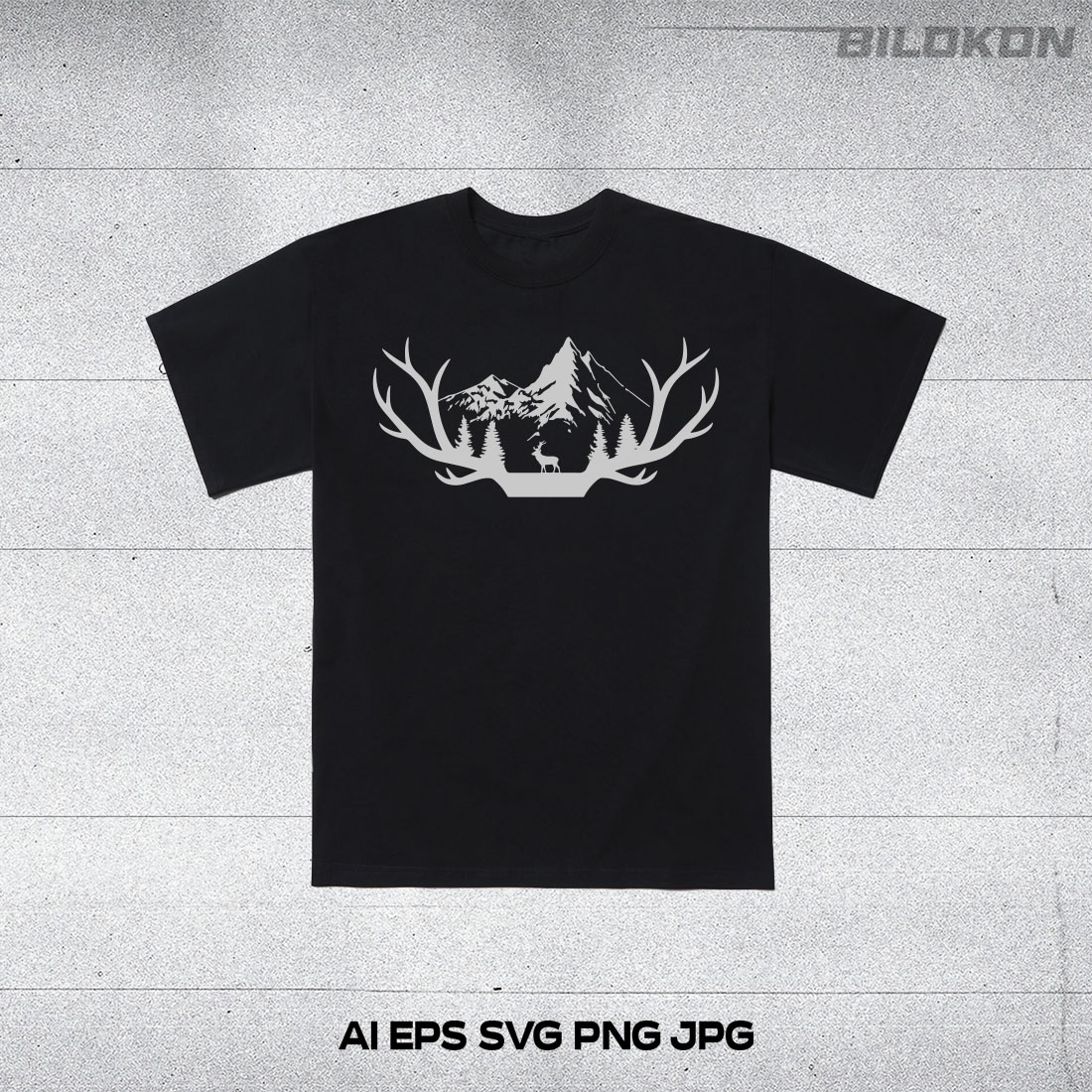 T-shirt mockup with Deer Horns on the Mountain Landscape SVG Vector.