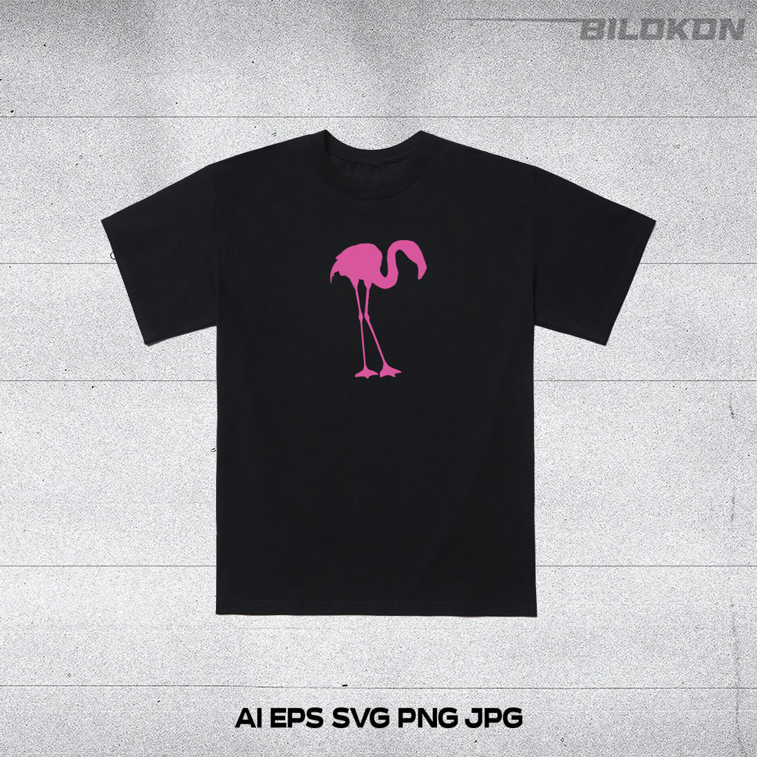 Black shirt with a pink flamingo on it.