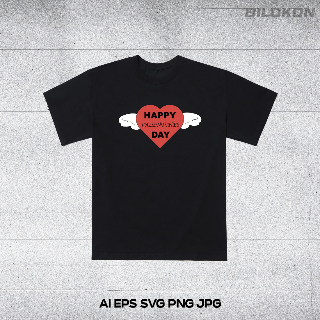 Image of a T-shirt with a beautiful print of a heart with wings and the inscription Happy Valentines Day