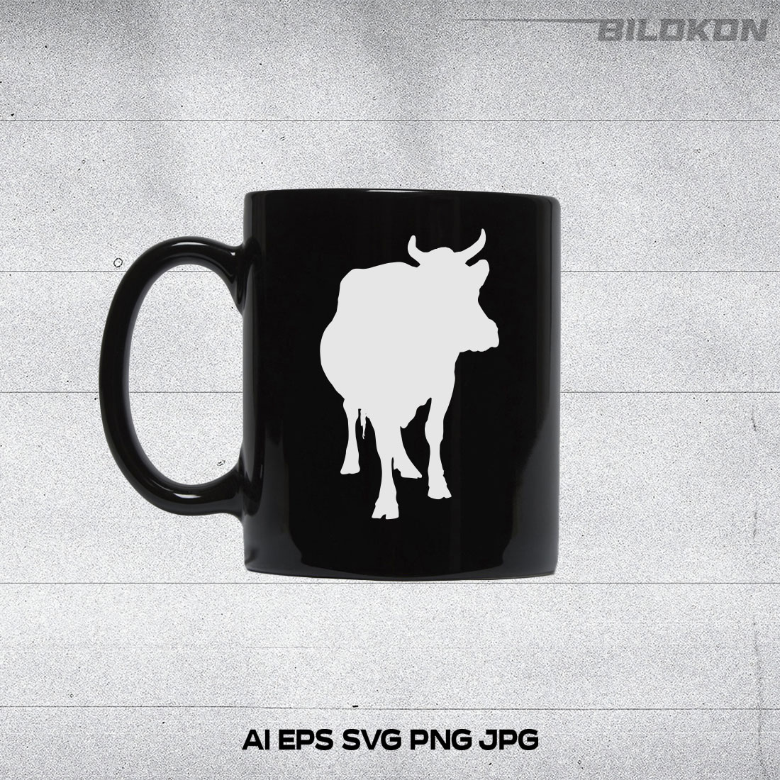 Black coffee mug with a white bull on it.