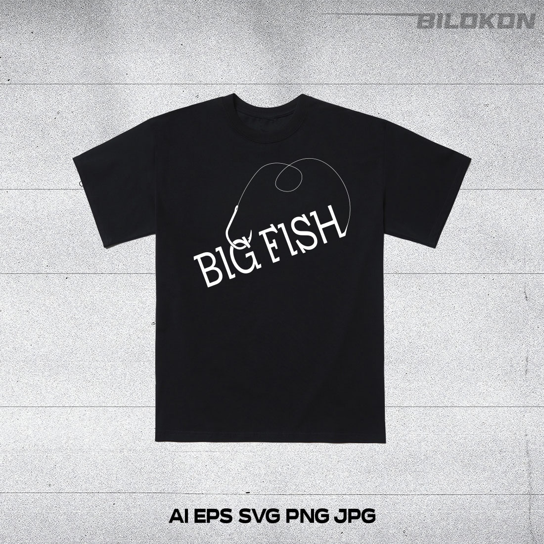 Black t - shirt with the words big fish on it.