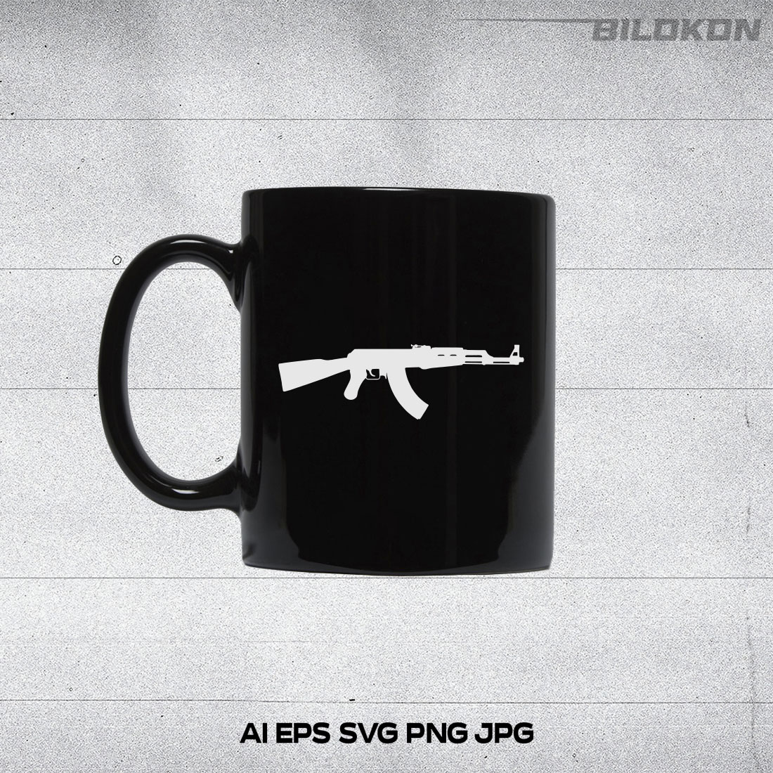 Big black tea cup with AK-47.