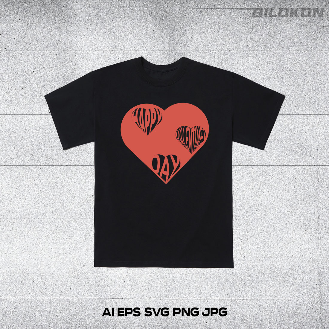 Image of a t-shirt with a colorful heart print and the inscription Happy Valentines Day