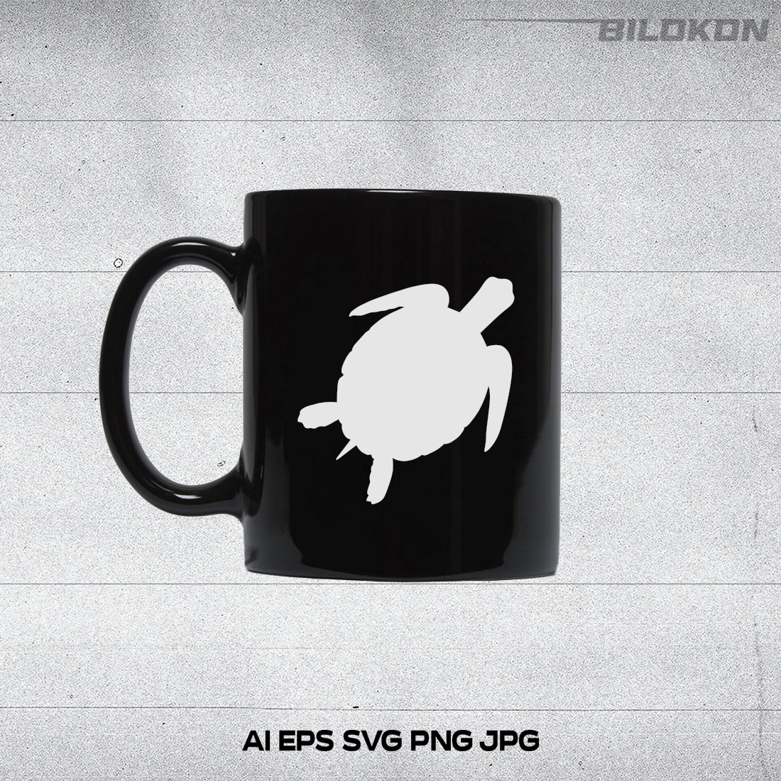 Black coffee mug with a turtle on it.