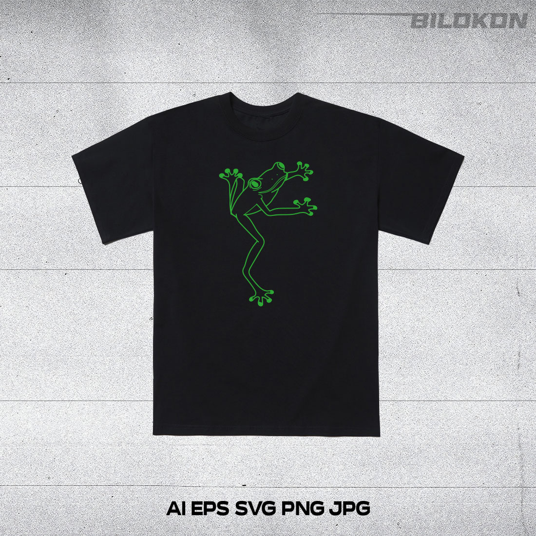 Black t - shirt with a green lizard on it.