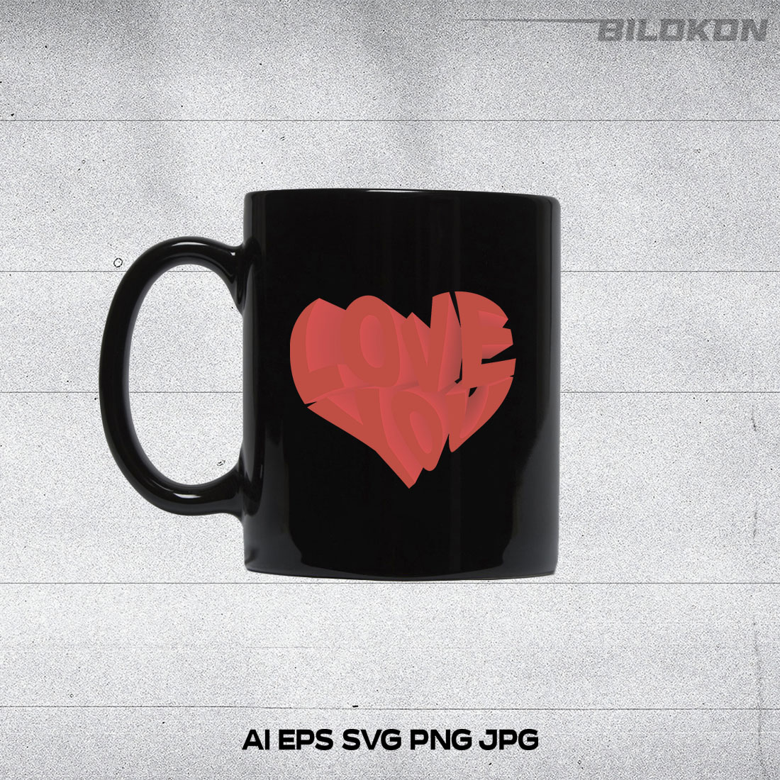 Black mug with big red heart.