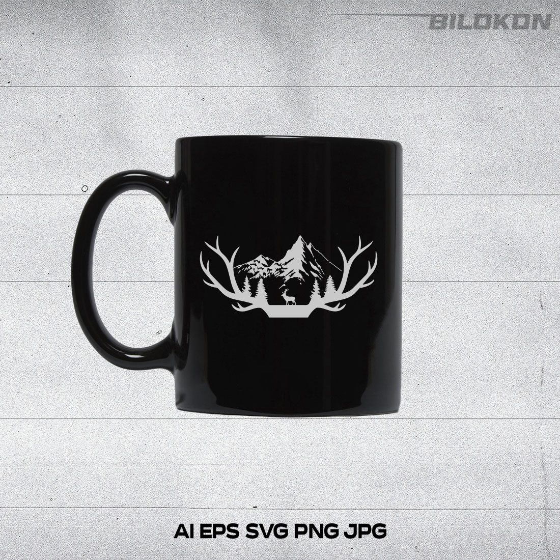 Cup mockup with Deer Horns on the Mountain Landscape SVG Vector.