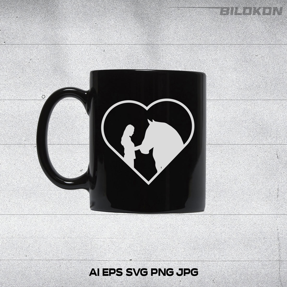 Black coffee mug with a horse and a heart.