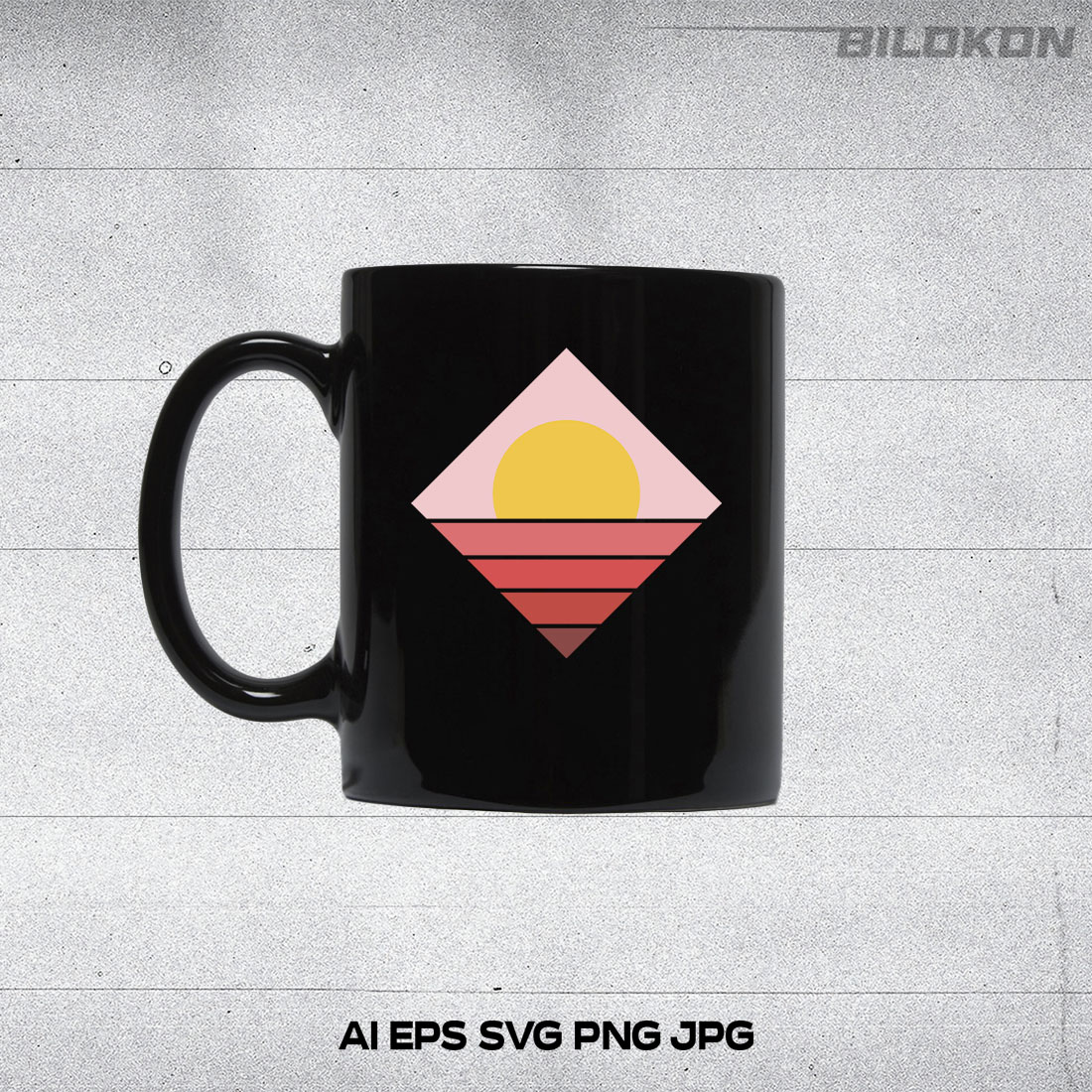 Black tea cup with a colorful geometric shape.