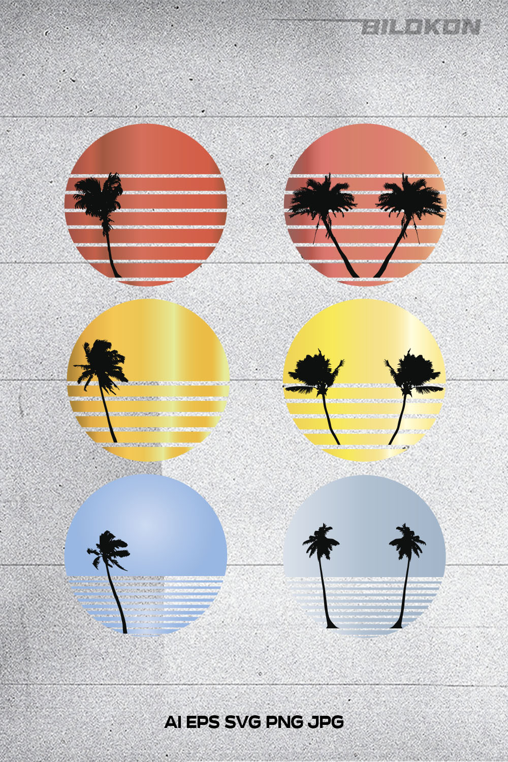 Retro Sunset and Palm Tree Icon Set Design pinterest image.