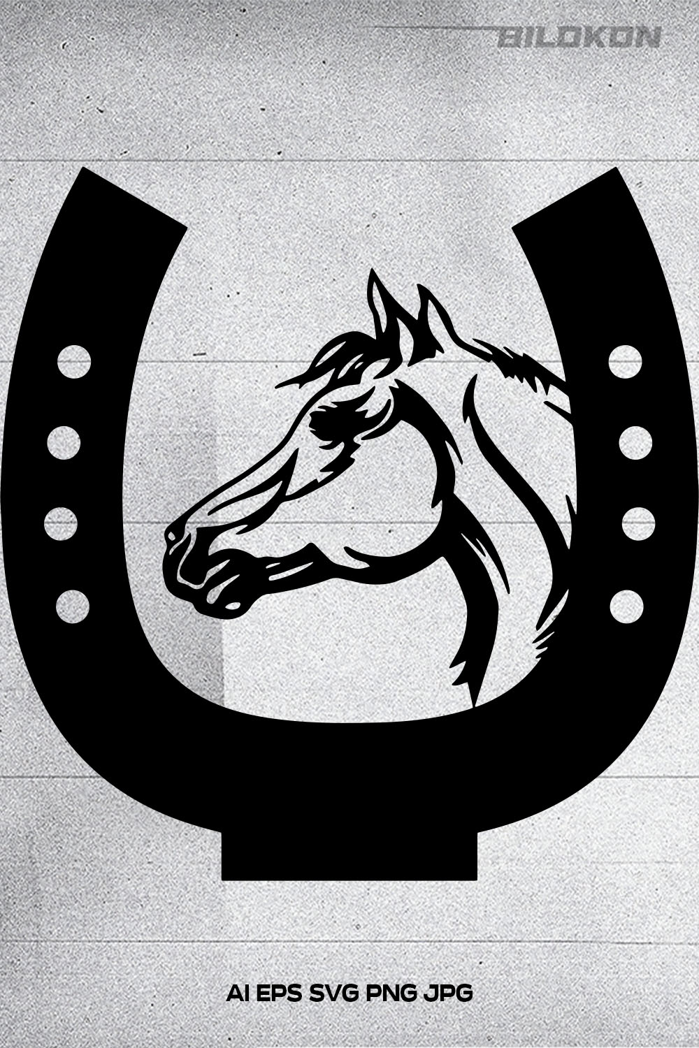 Black and white horse head on a horseshoe.