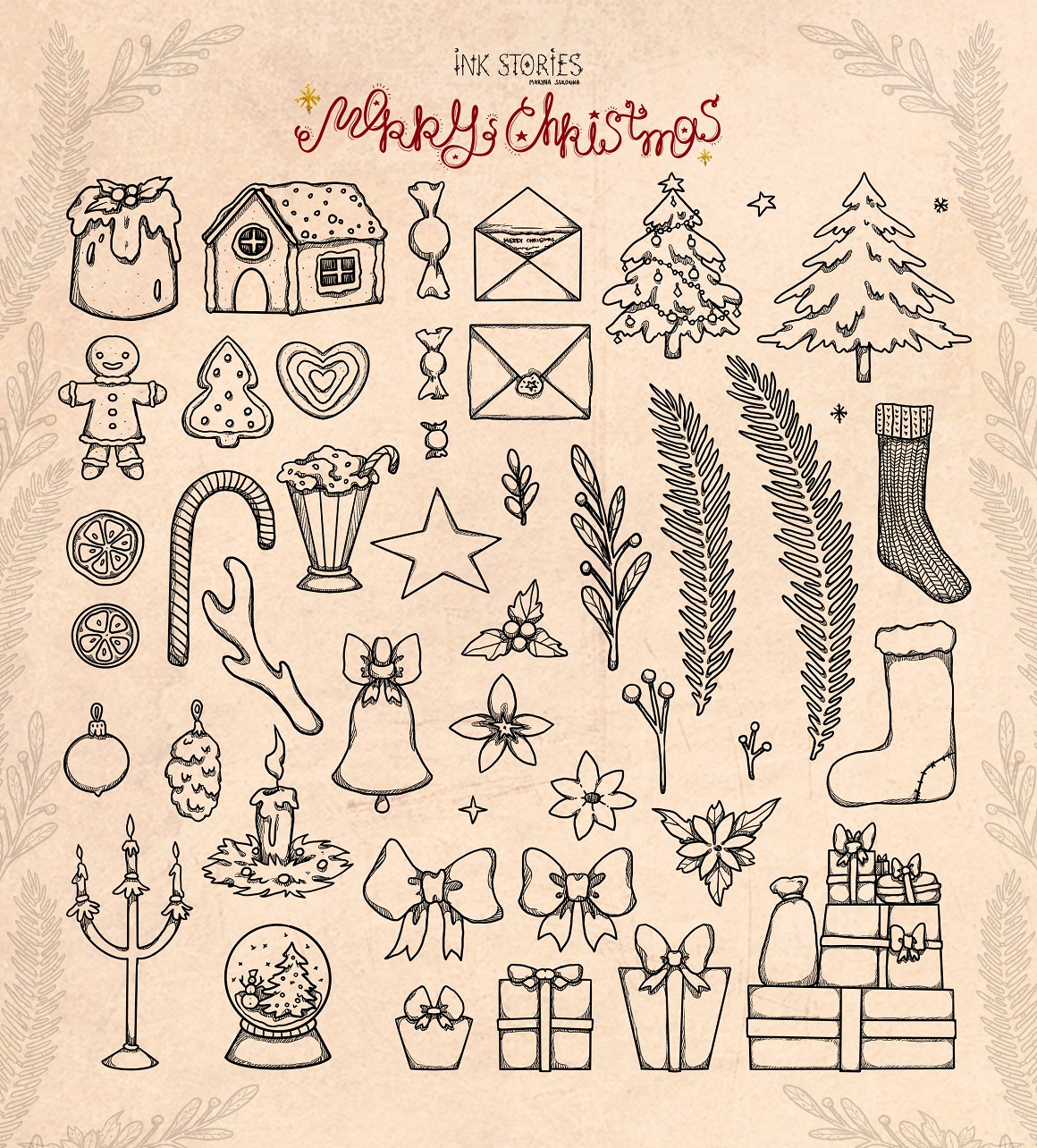 A set of different line illustrations of christmas elements.