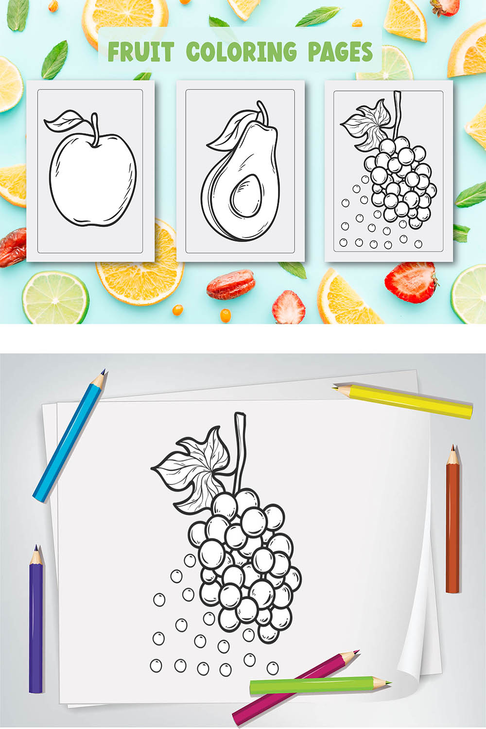 Fruit Coloring Pages KDP Design pinterest image.