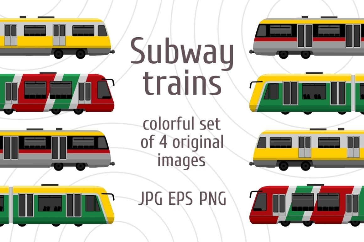 Cover with gray lettering "Subway trains" and 8 colorful illustrations of train.