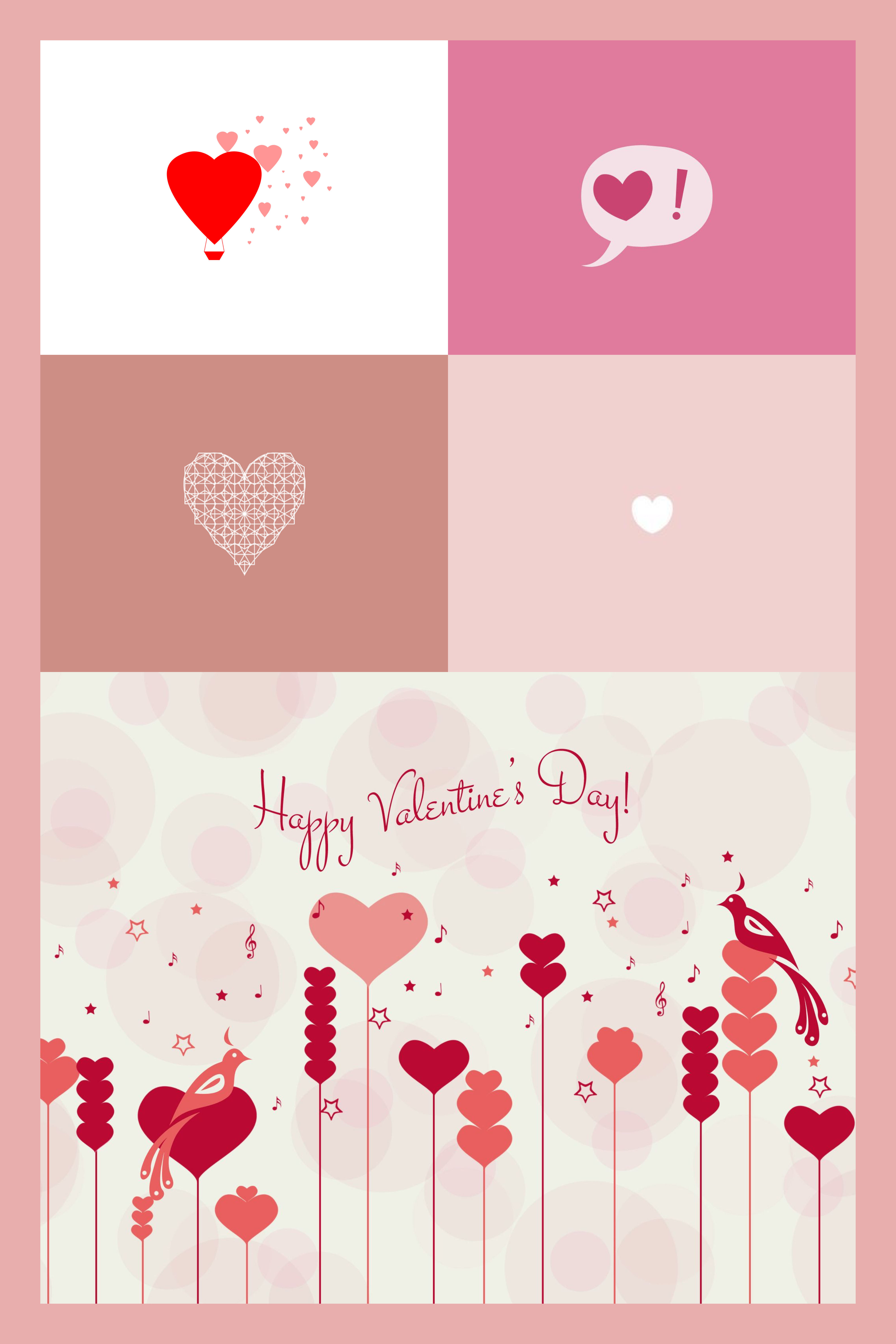 Collage of pictures with hearts on beige and pink backgrounds.