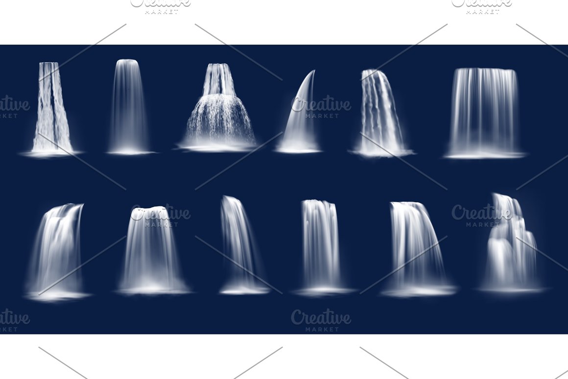 A set of 12 different illustrations of waterfalls cascades and river falls on a blue and white background.