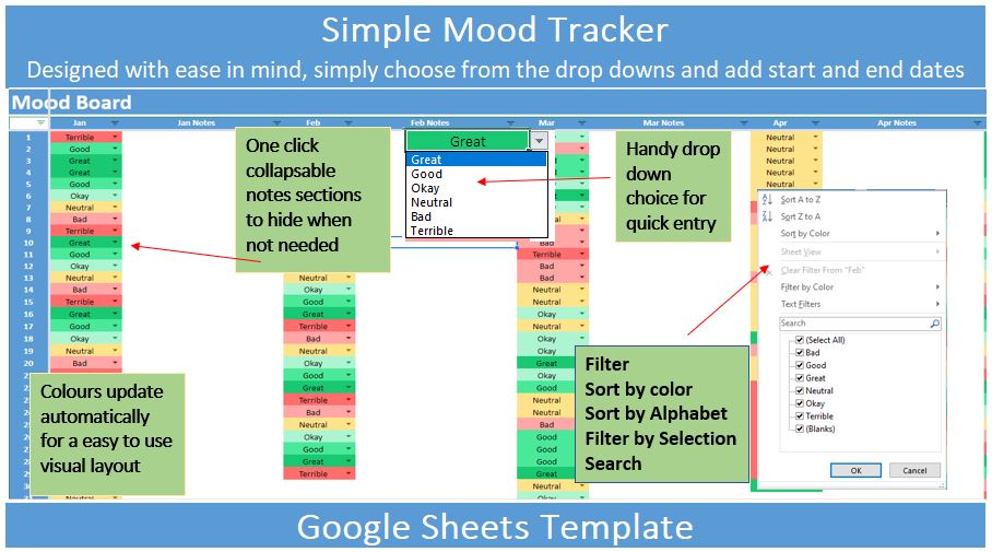 Clean Mood Tracker for Google Sheets preview image.