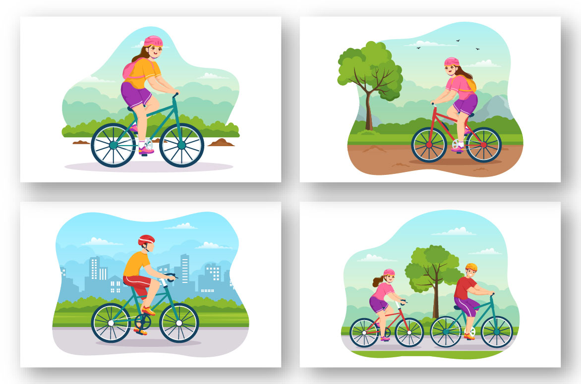 Four illustrations with summer mountain bikers.