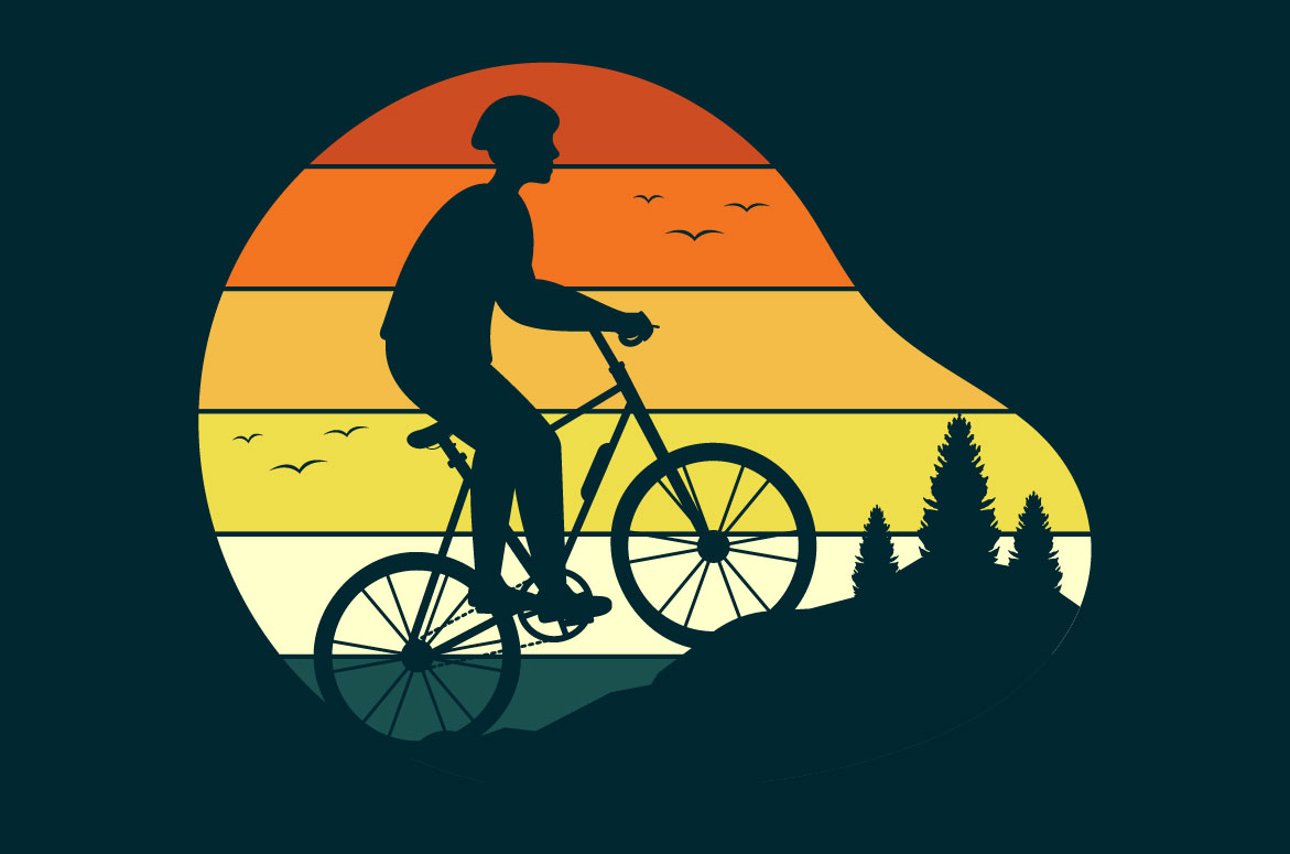 Black illustration with colorful sunset and mountain biker.