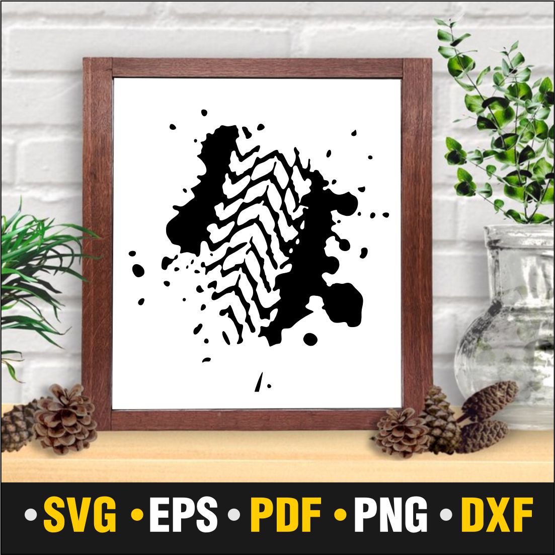 Enchanting silhouette image of a tire print in a wooden frame