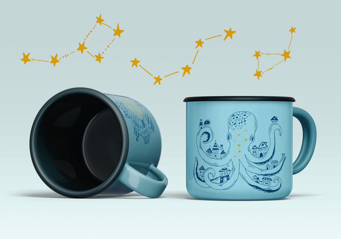 Blue mug mockup with illustration of octopus on a blue background with stars.