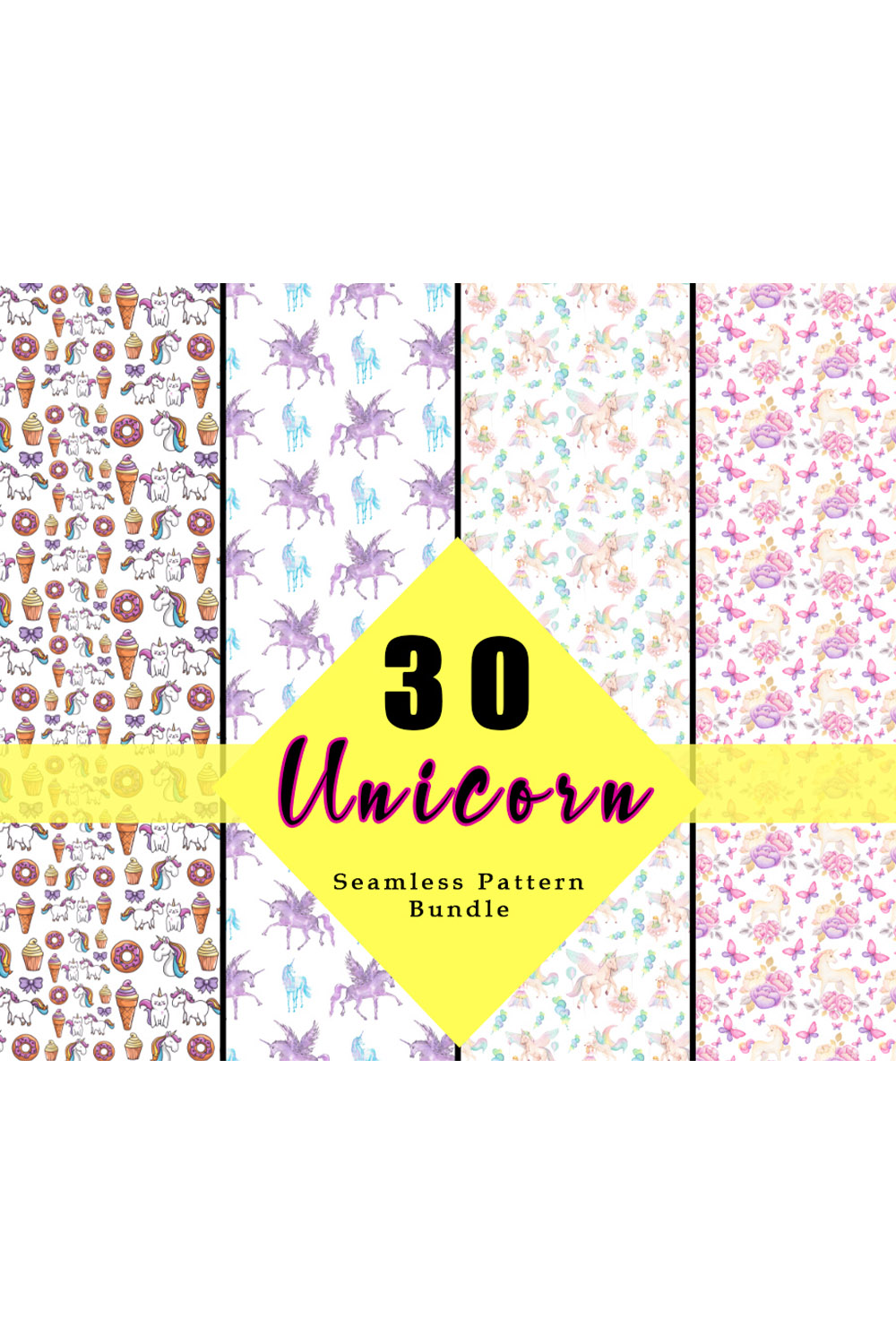 Set of images of cartoon patterns with unicorns