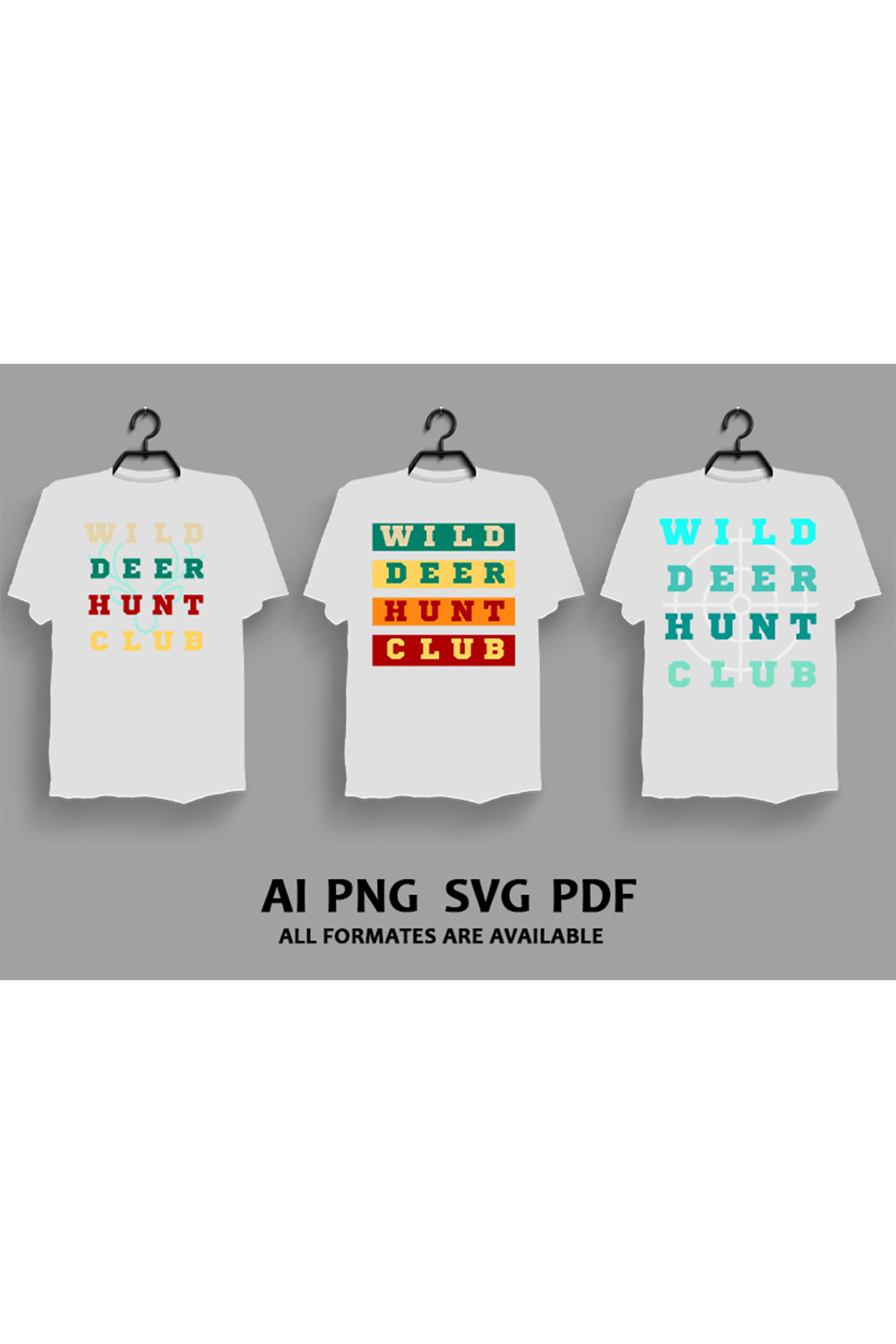 A set of images of t-shirts with charming prints on the theme of hunting