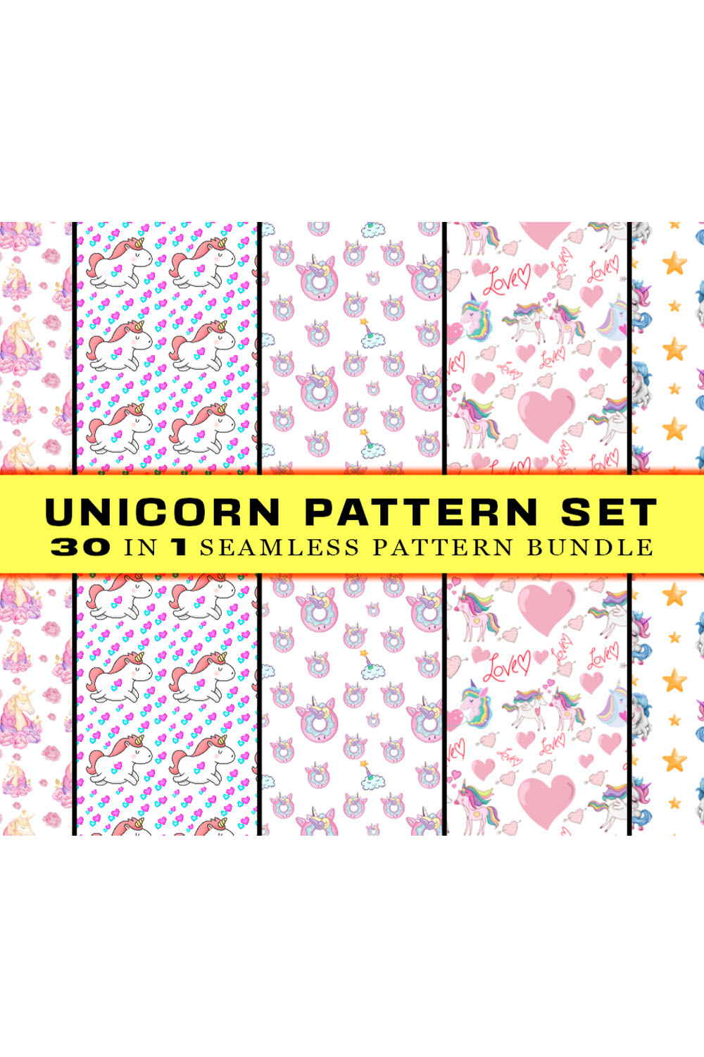 Set of images of irresistible patterns with unicorns