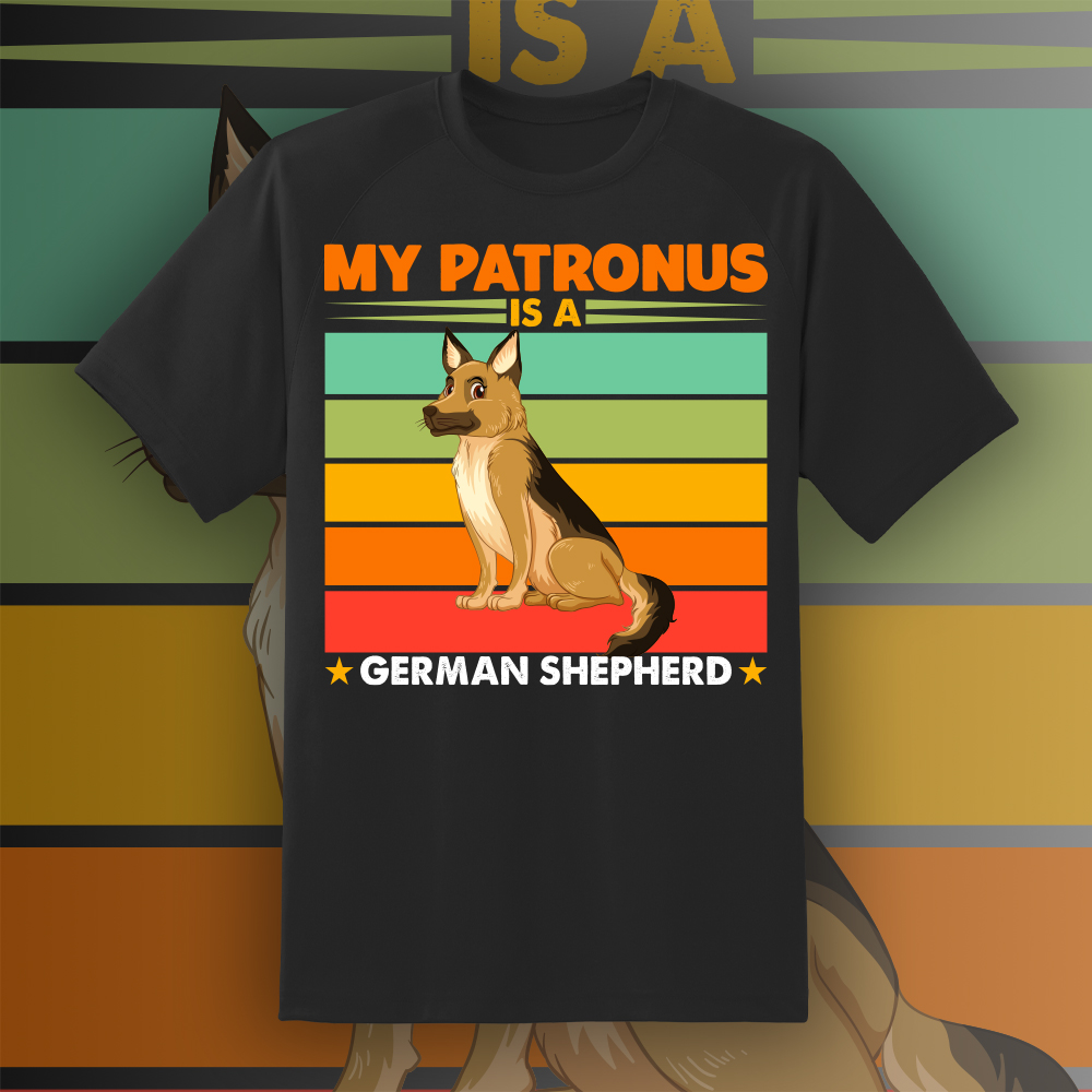 Black t-shirt with german shepherd dog.