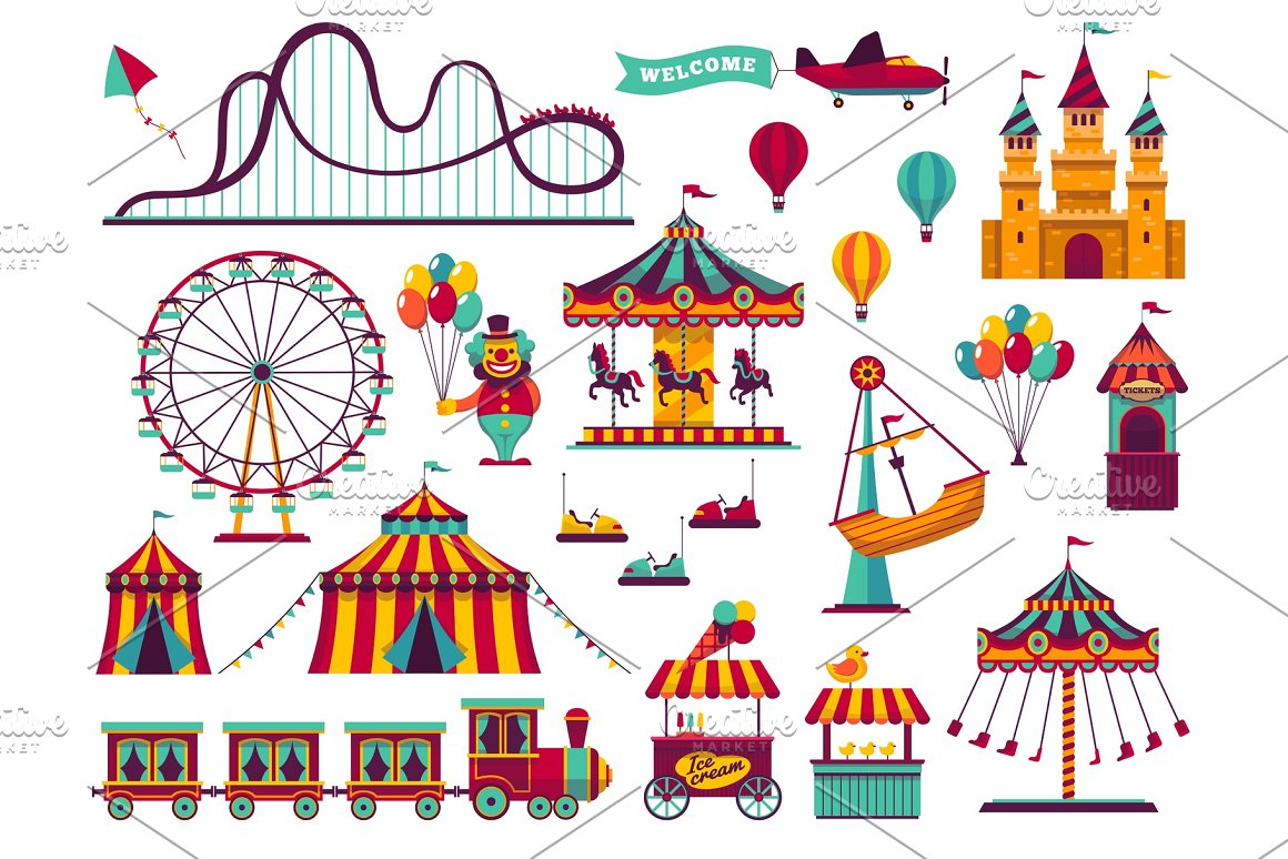 Colorful set of different illustrations of amusement park attractions on a white background.