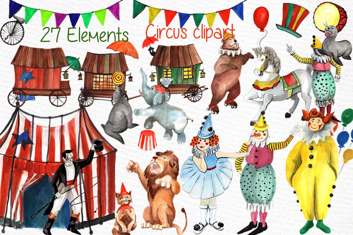 Cover with green and red lettering "27 elements Circus clipart" and different illustrations of circus.