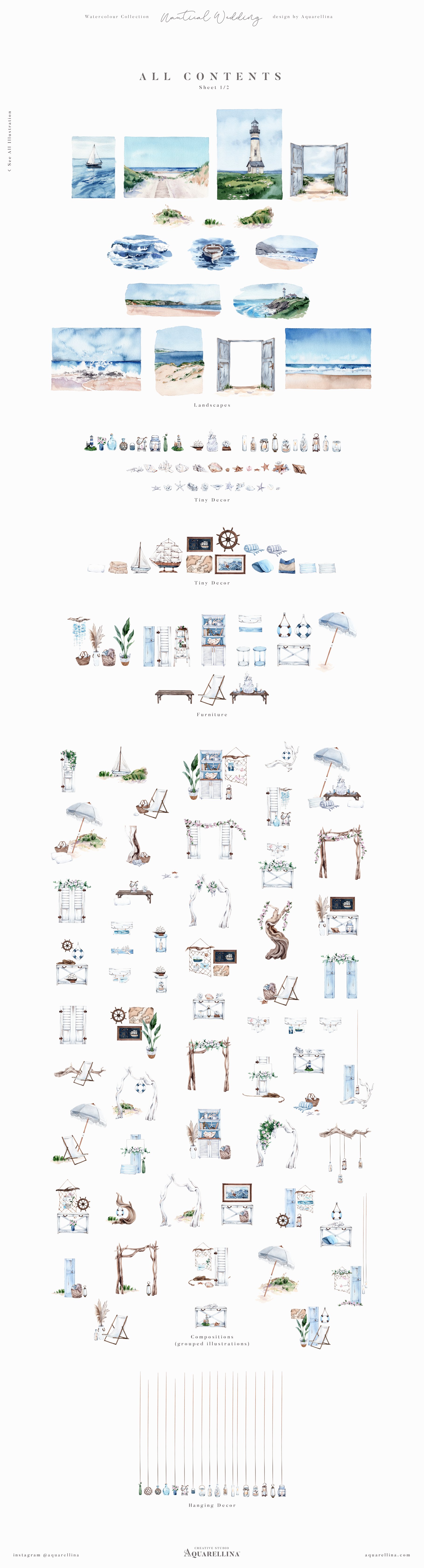 Nautical beach wedding illustrations by Aquarellina all items preview.