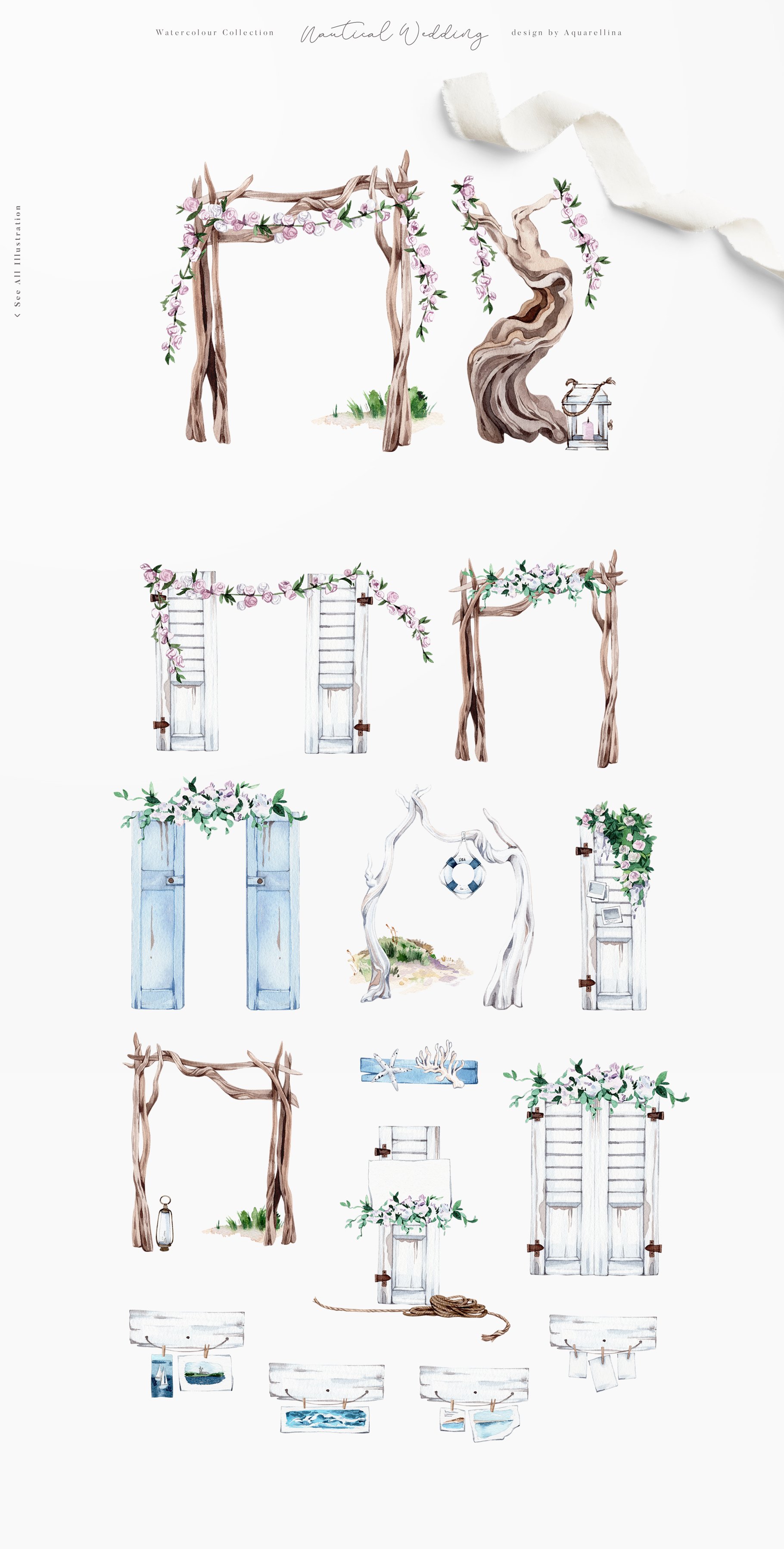 Nautical beach wedding illustrations by Aquarellina.