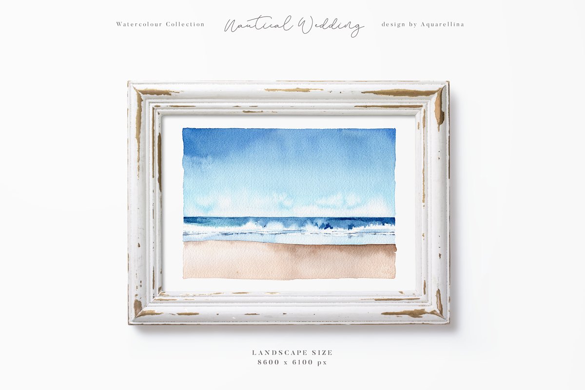 Nautical beach wedding illustrations by Aquarellina in the photo frame.