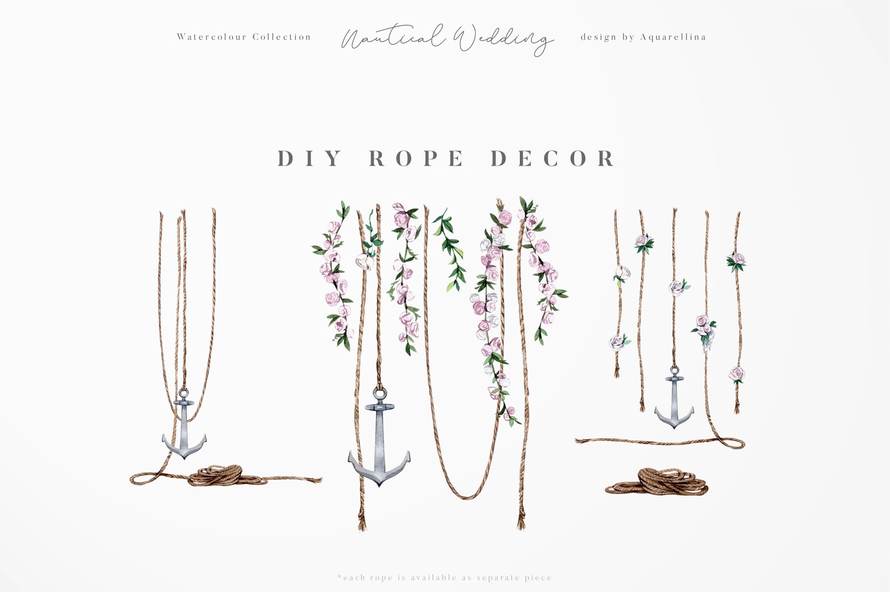 Nautical beach wedding illustrations by Aquarellina DIY rope decor.