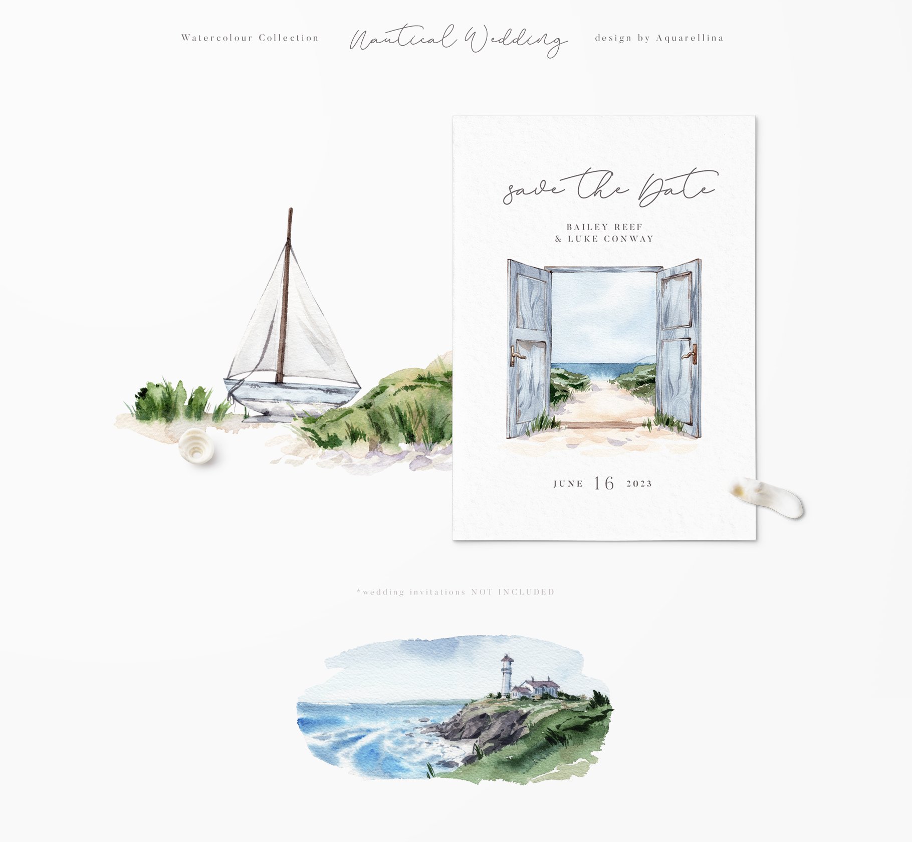 Nautical beach wedding illustrations by Aquarellina.