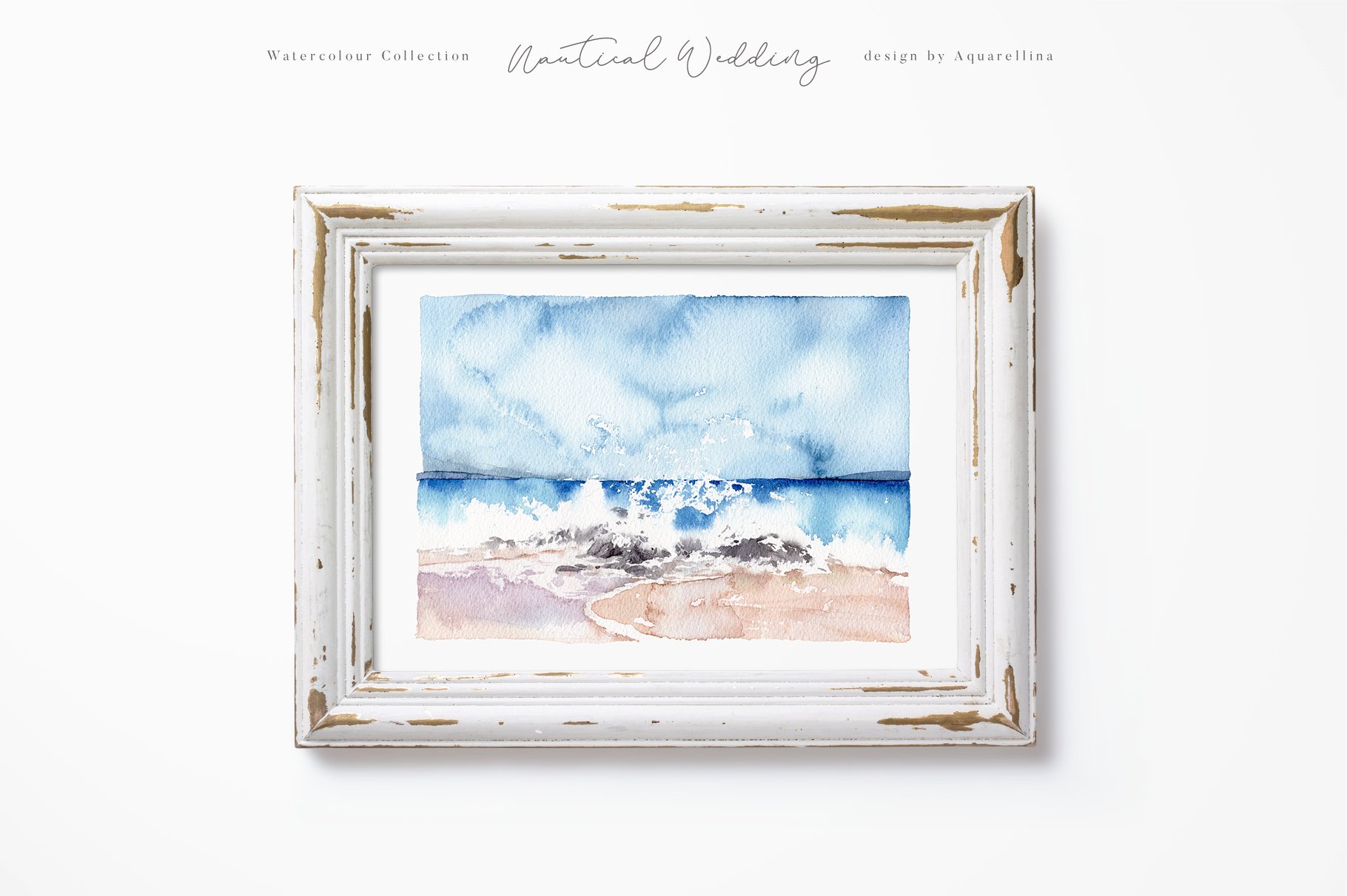 Nautical beach wedding illustrations by Aquarellina in the photo frame.