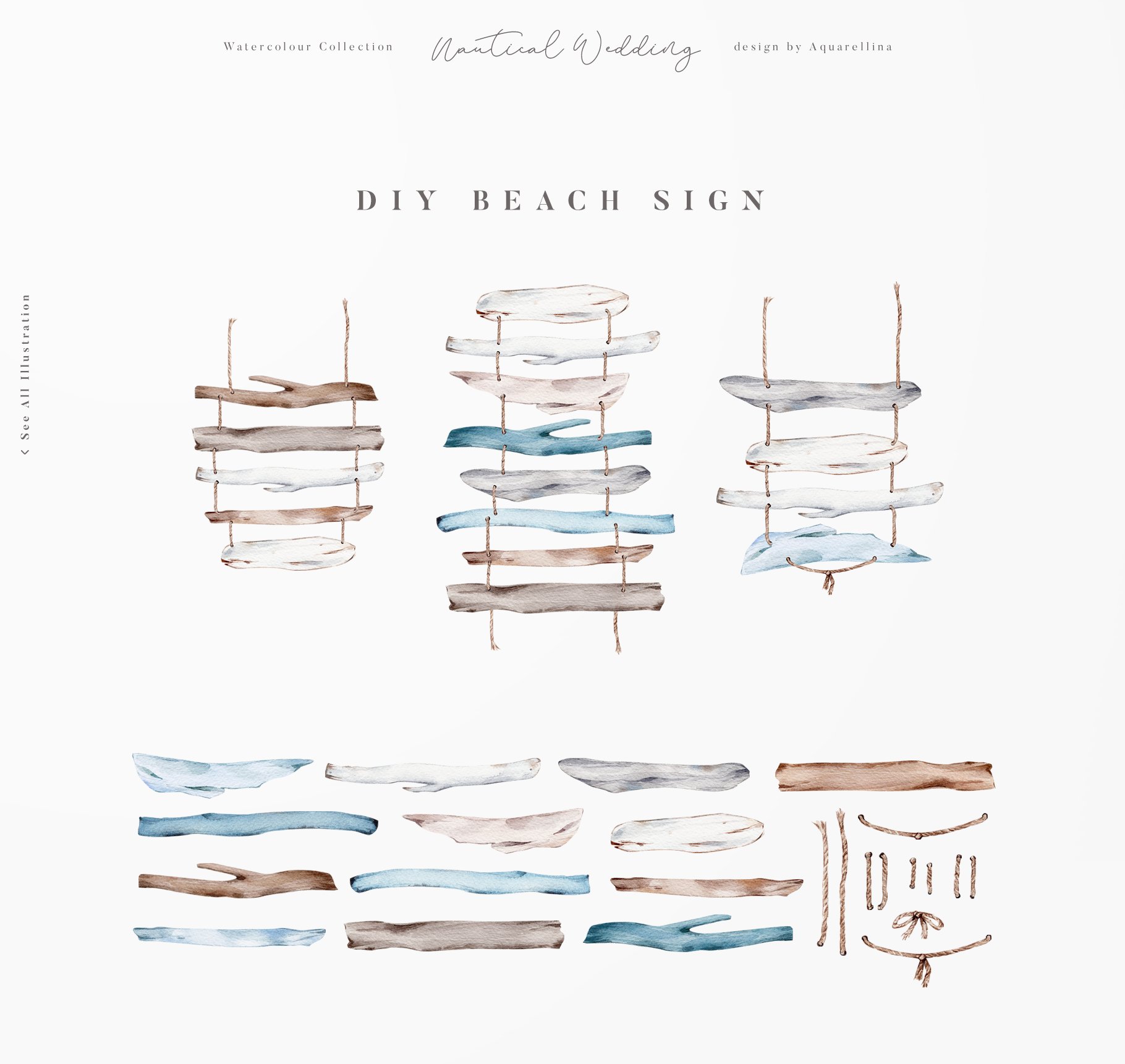 Nautical beach wedding illustrations by Aquarellina DIY beach sign.