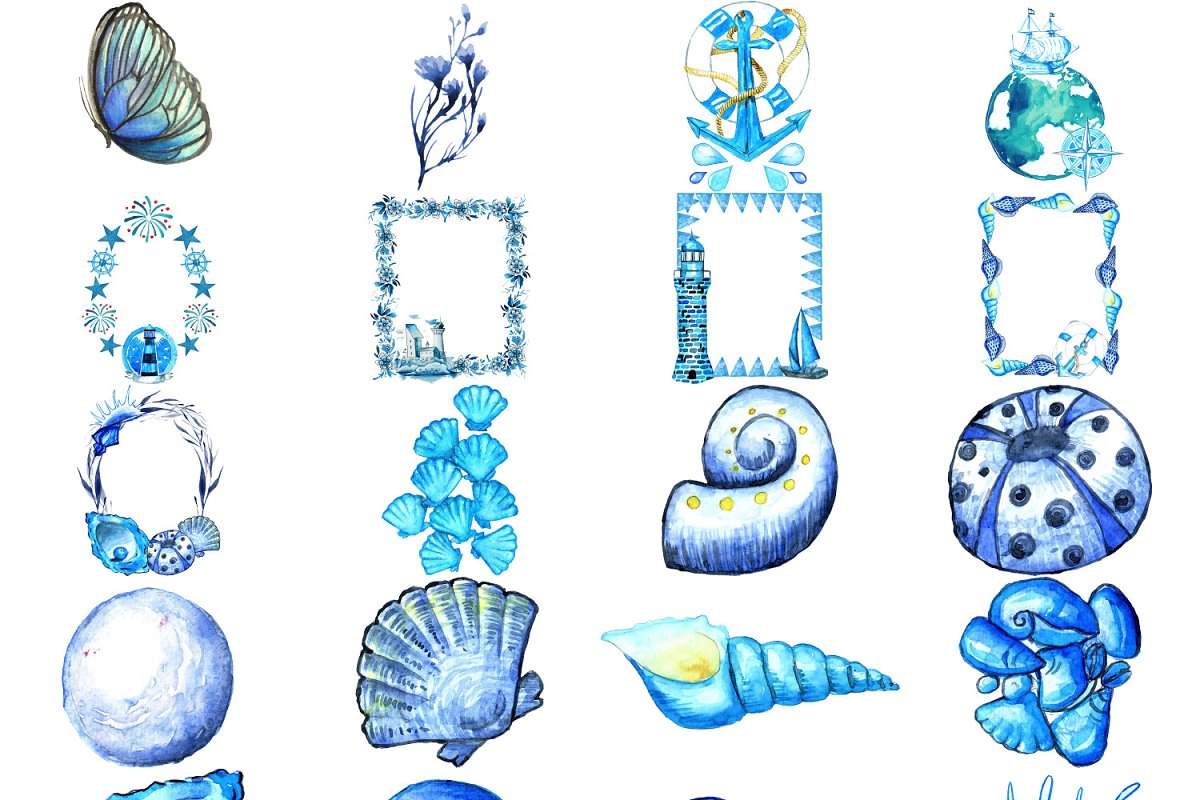 Nautical Watercolor Clipart Bundle items preview.