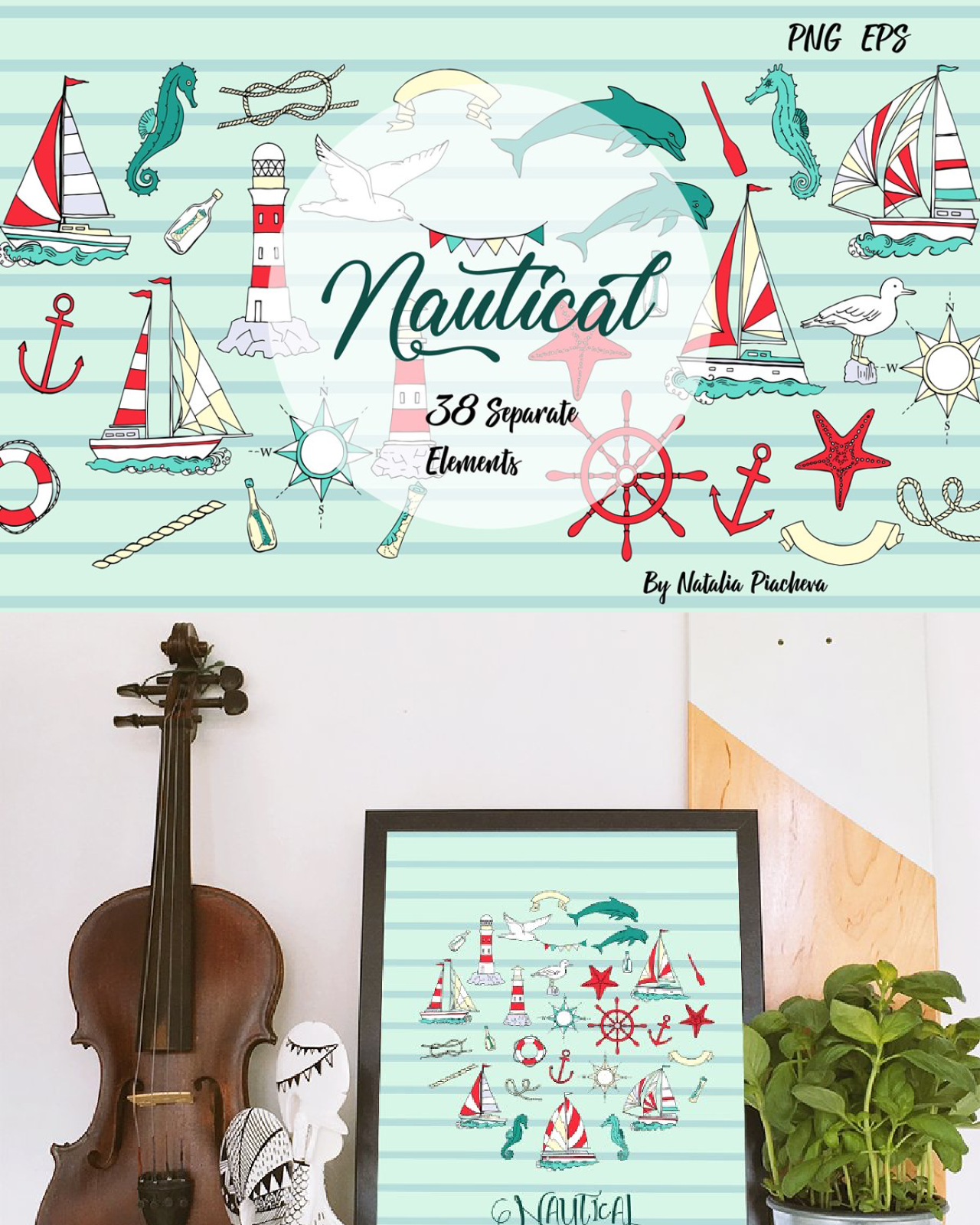 Nautical elements with ships pinterest image preview.