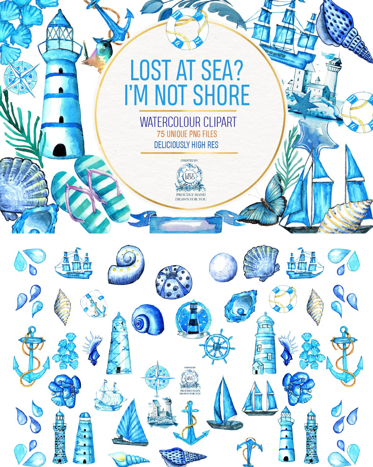 Nautical watercolor clipart bundle pinterest image preview.