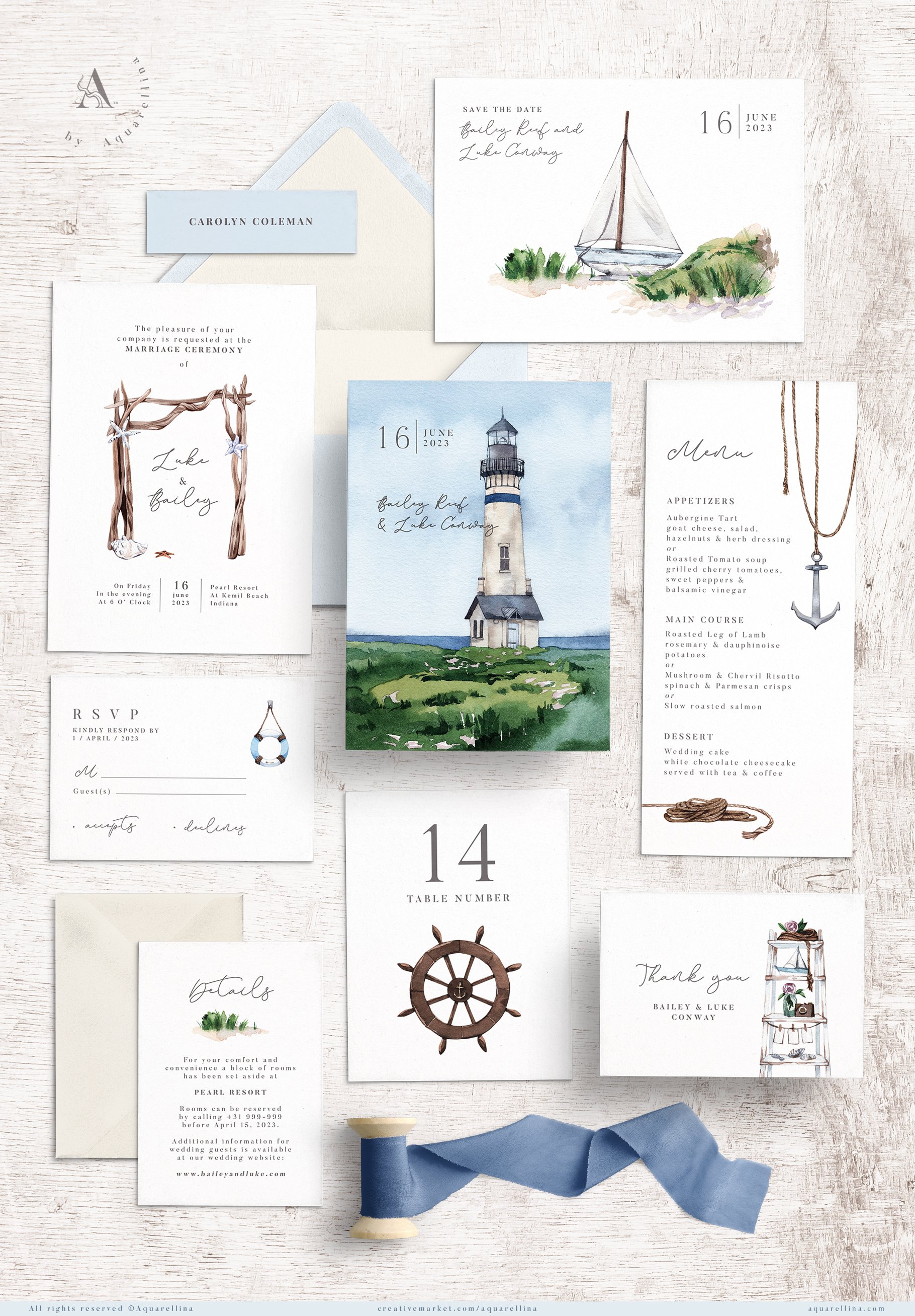 Nautical beach wedding illustrations by Aquarellina.