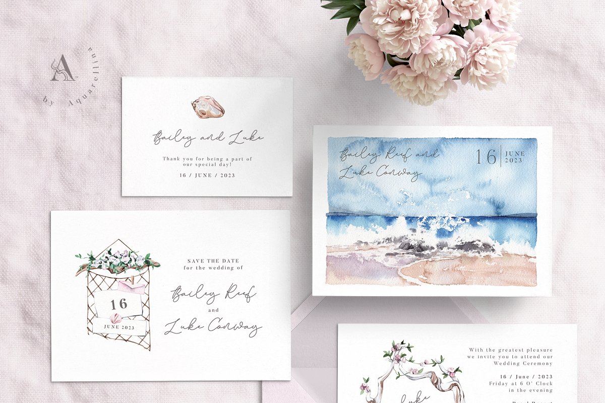 Nautical beach wedding illustrations by Aquarellina.