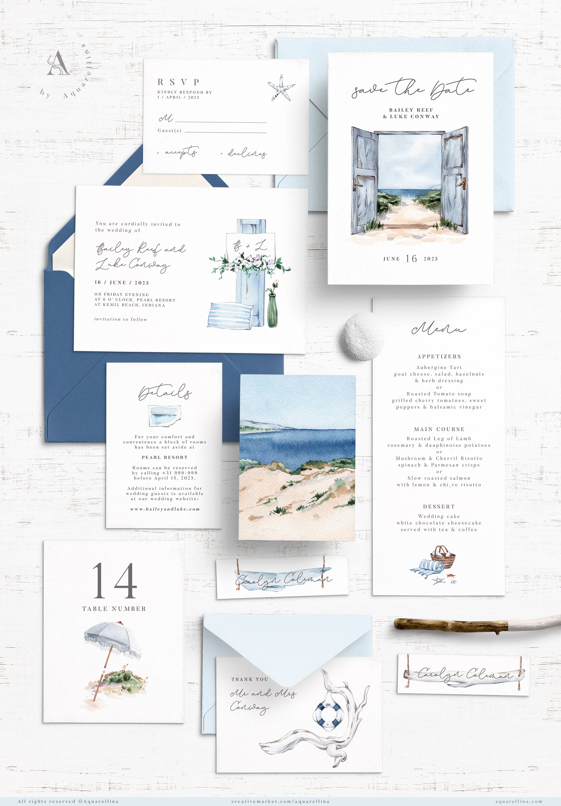 Nautical beach wedding illustrations by Aquarellina.