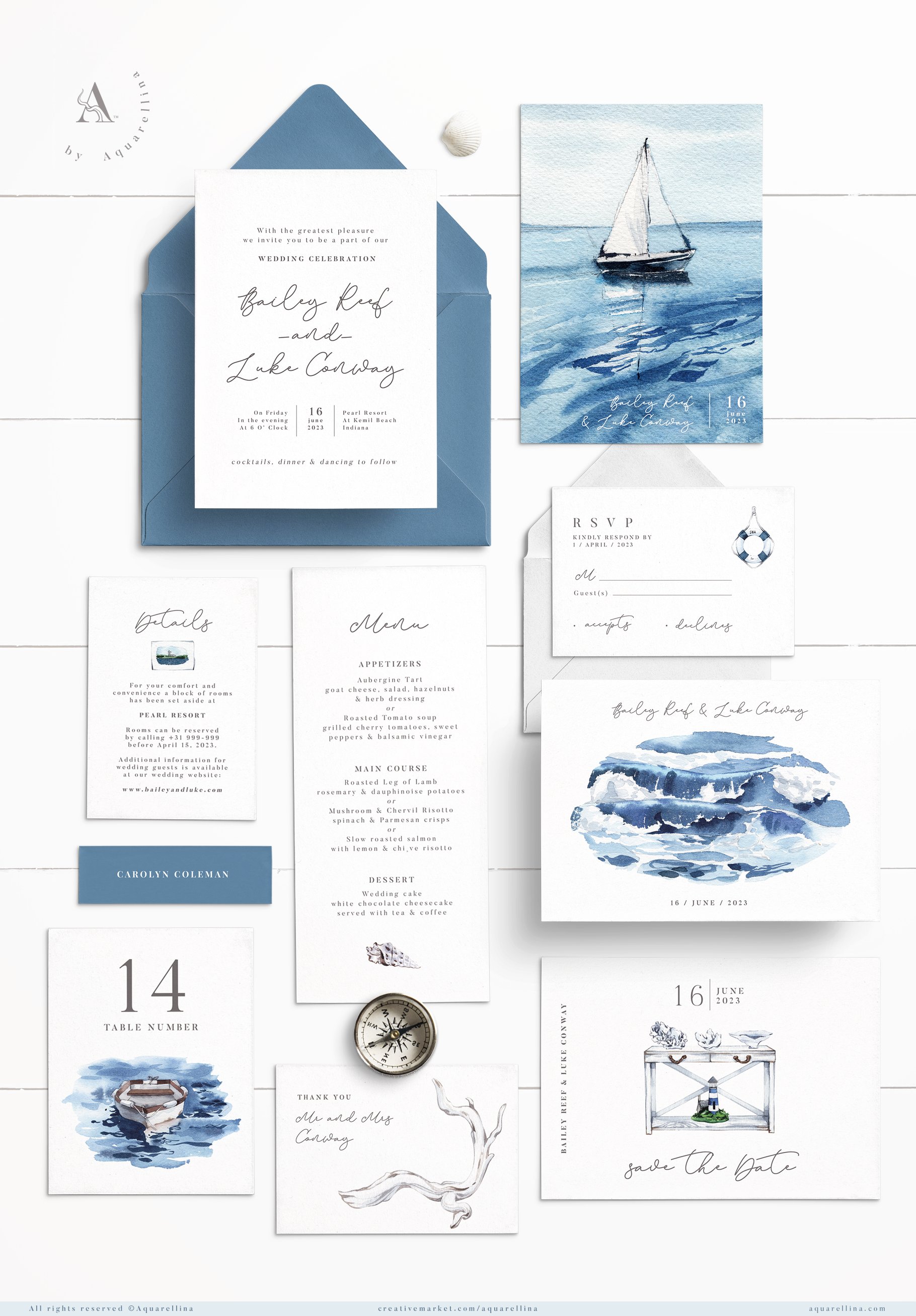 Nautical beach wedding illustrations by Aquarellina.