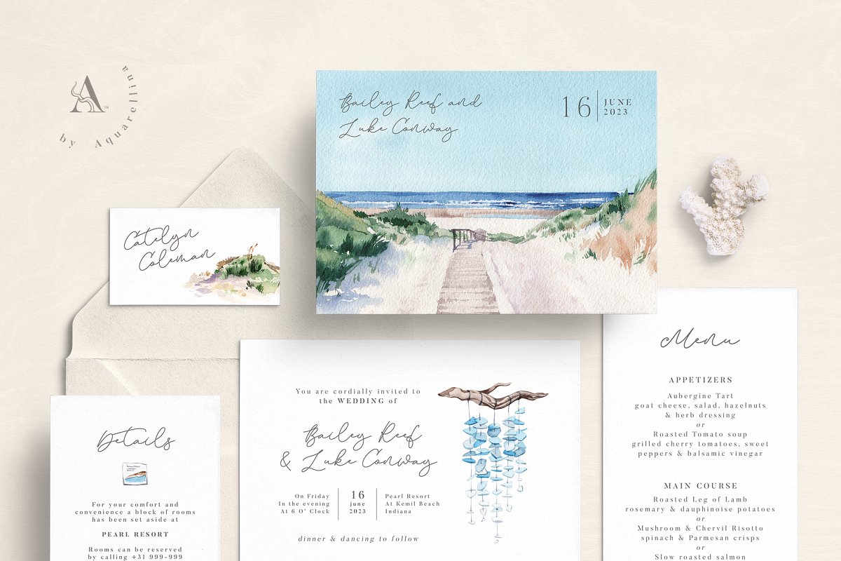 Nautical beach wedding illustrations by Aquarellina.