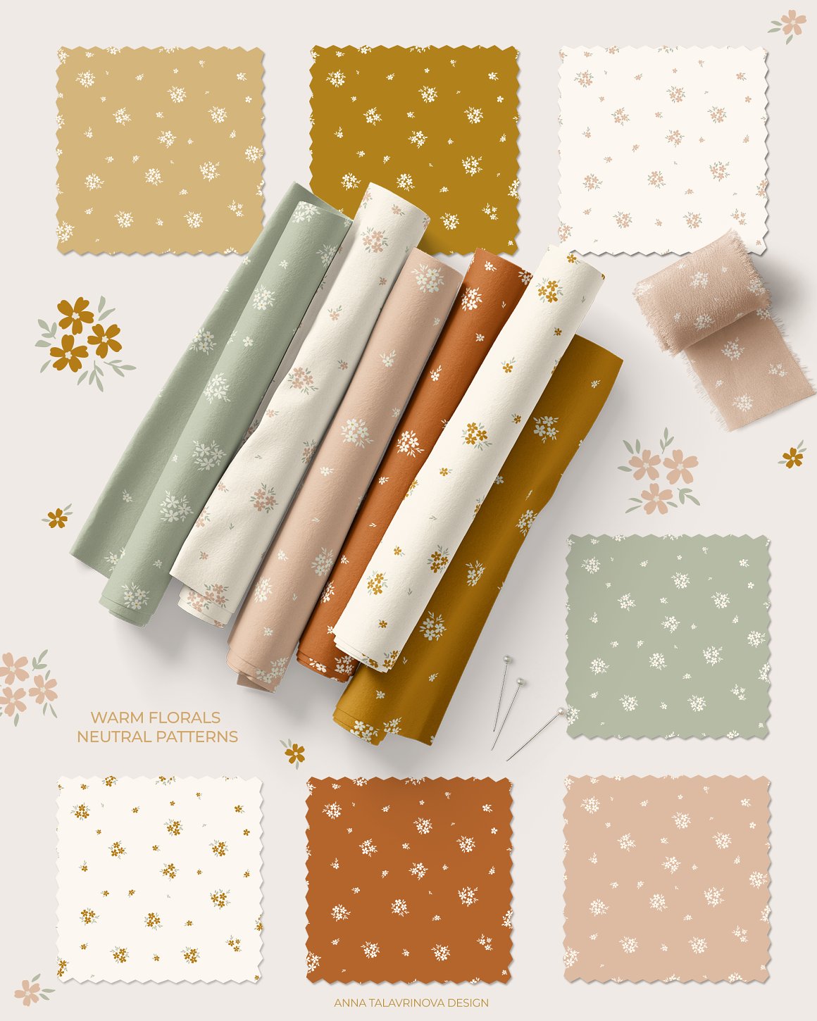 7 fabric with neutral warm florals patterns and the same patterns on fabric rolls.