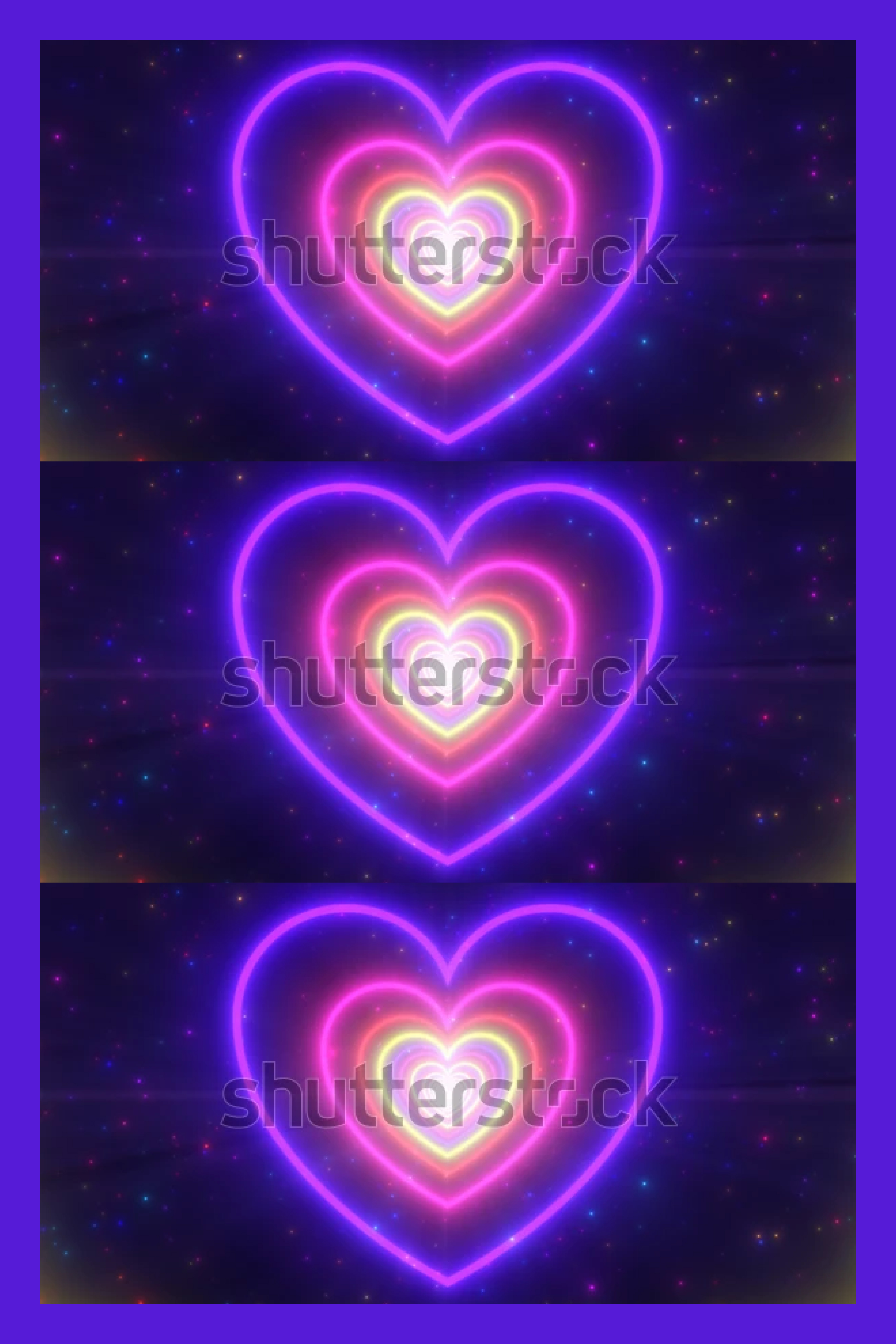 Collage of bright neon hearts on a blue background.