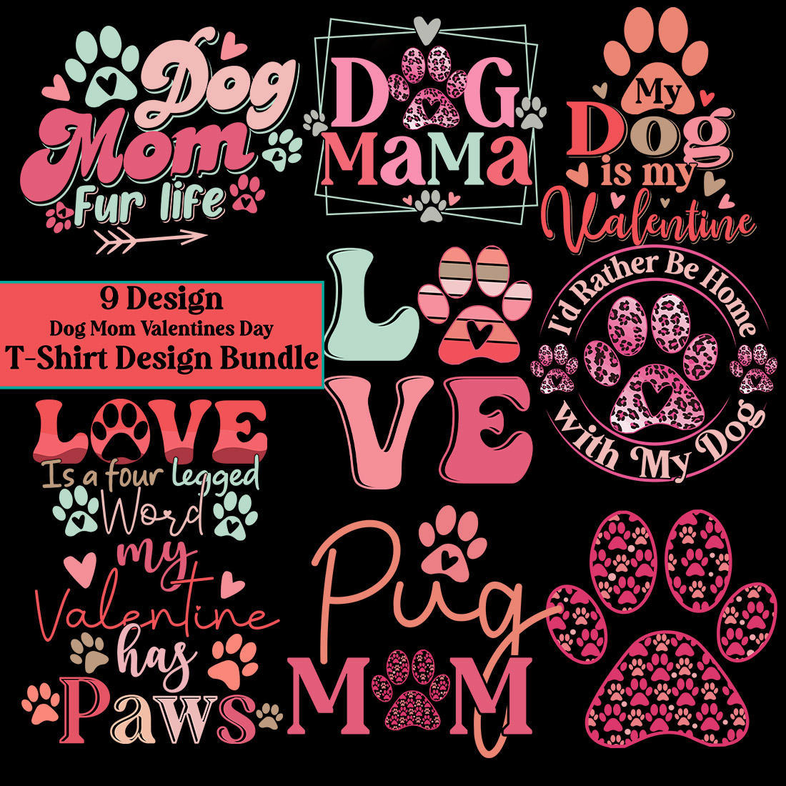 Retro Dog Mom Valentines Day T-Shirt Design Bundle main cover.