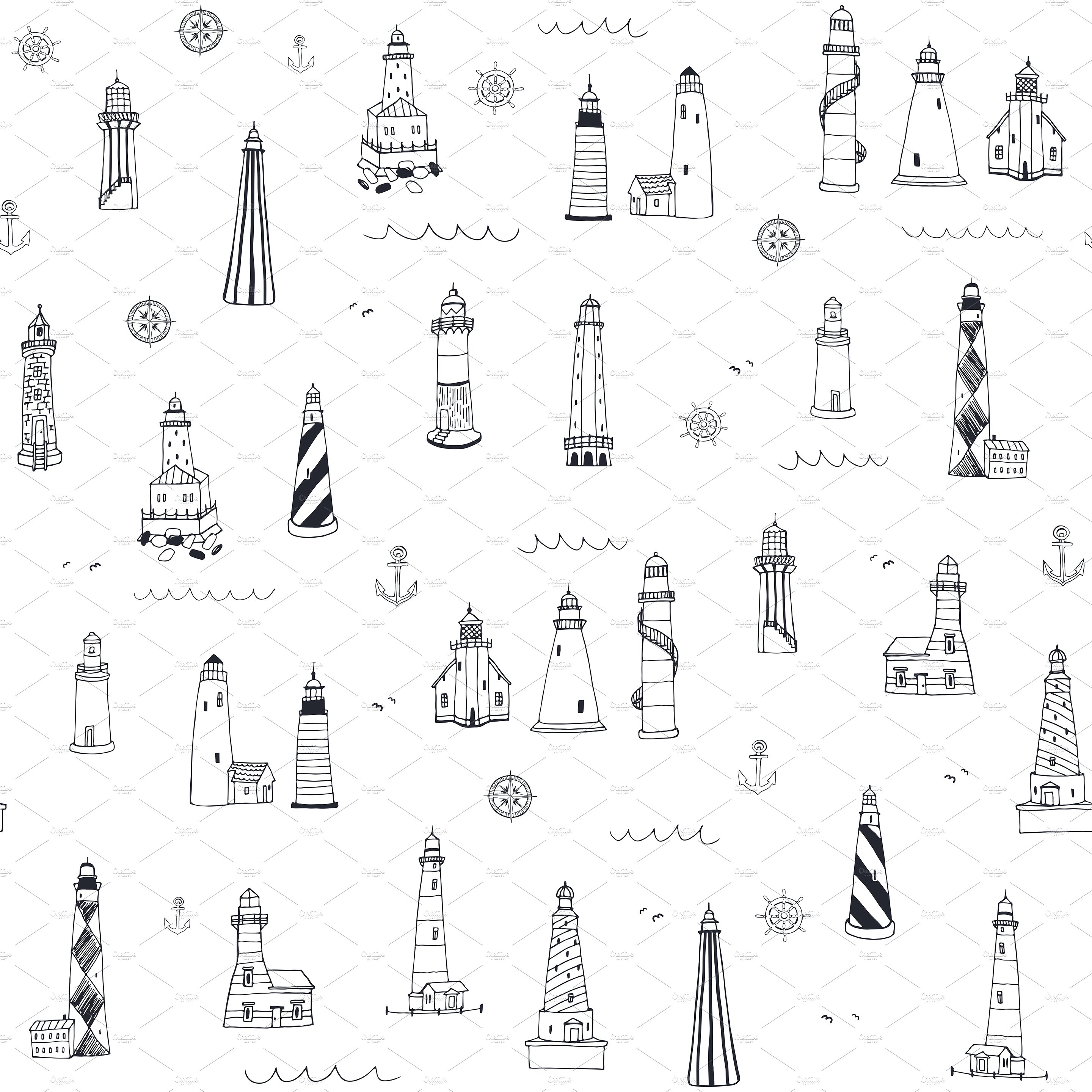 New line art pattern with lighthouse.